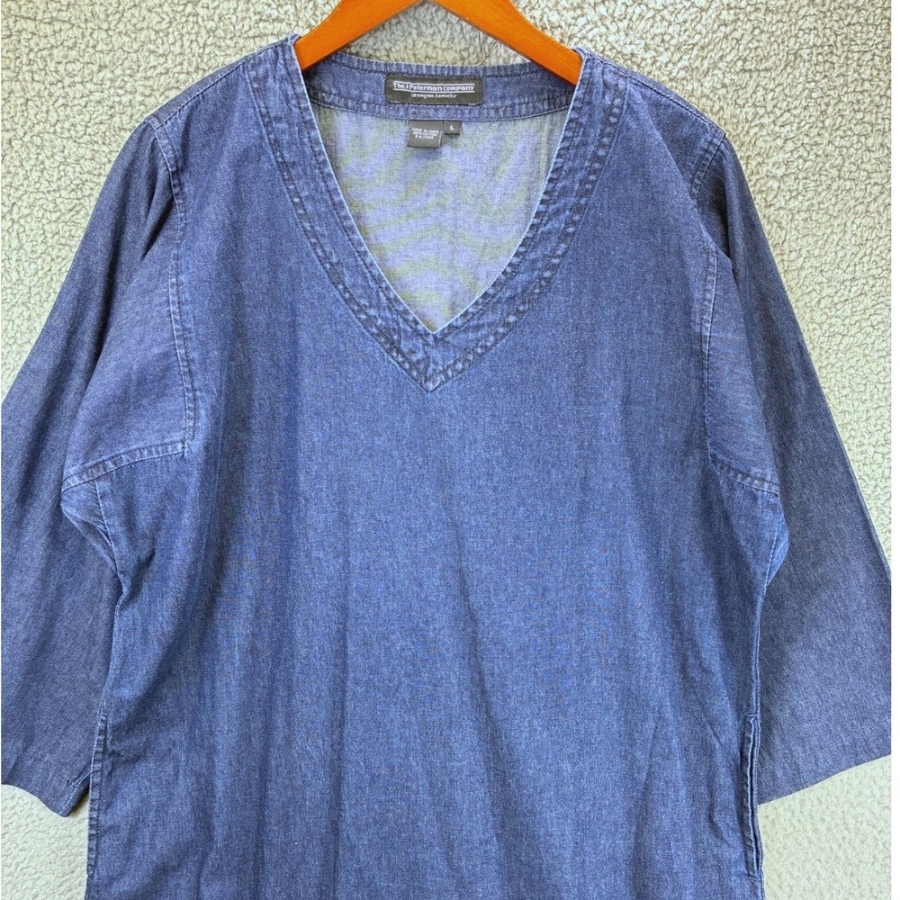 J. Peterman Denim Shift Dress Womens L Blue Chambray V-Neck Casual Pockets - Picture 2 of 11